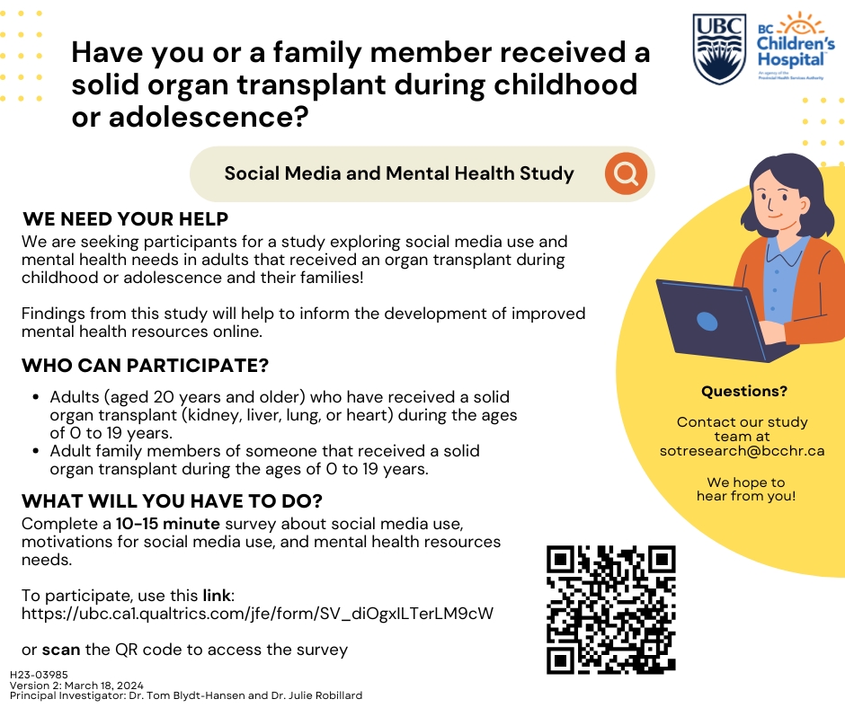 Survey! Social Media and Mental Health Study - The Solid Organ Research Team at BC Children's Hospital